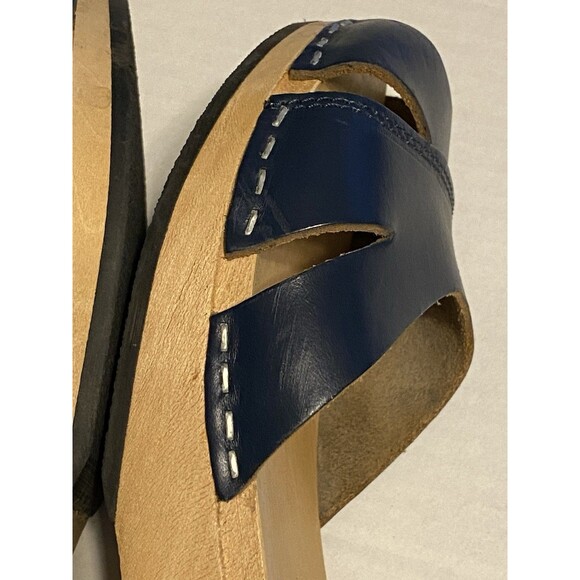Swedish Hasbeens Peep Toe Clogs Sandals Women's Sz 39 Leather 8.5/9 Navy Blue - Picture 7 of 16
